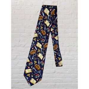 Vtg Alynn Neckwear Doctor Medical Print Necktie Blue Silk Novelty Tie